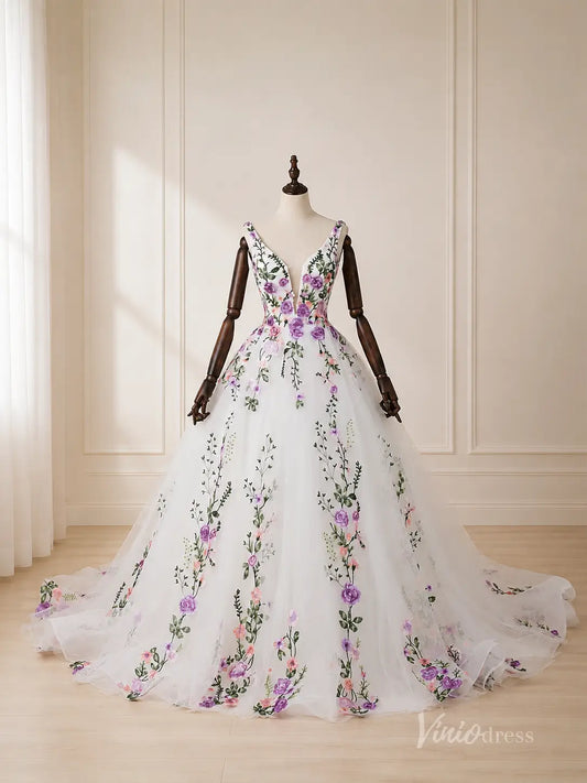 Ethereal Ivory Floral Bridal Gown with Deep V Neck, Lace-Up Back & Chapel Train - FW289-wedding dresses 2026-Viniodress-Ivory-Custom Size – Add Measurements in Cart-
