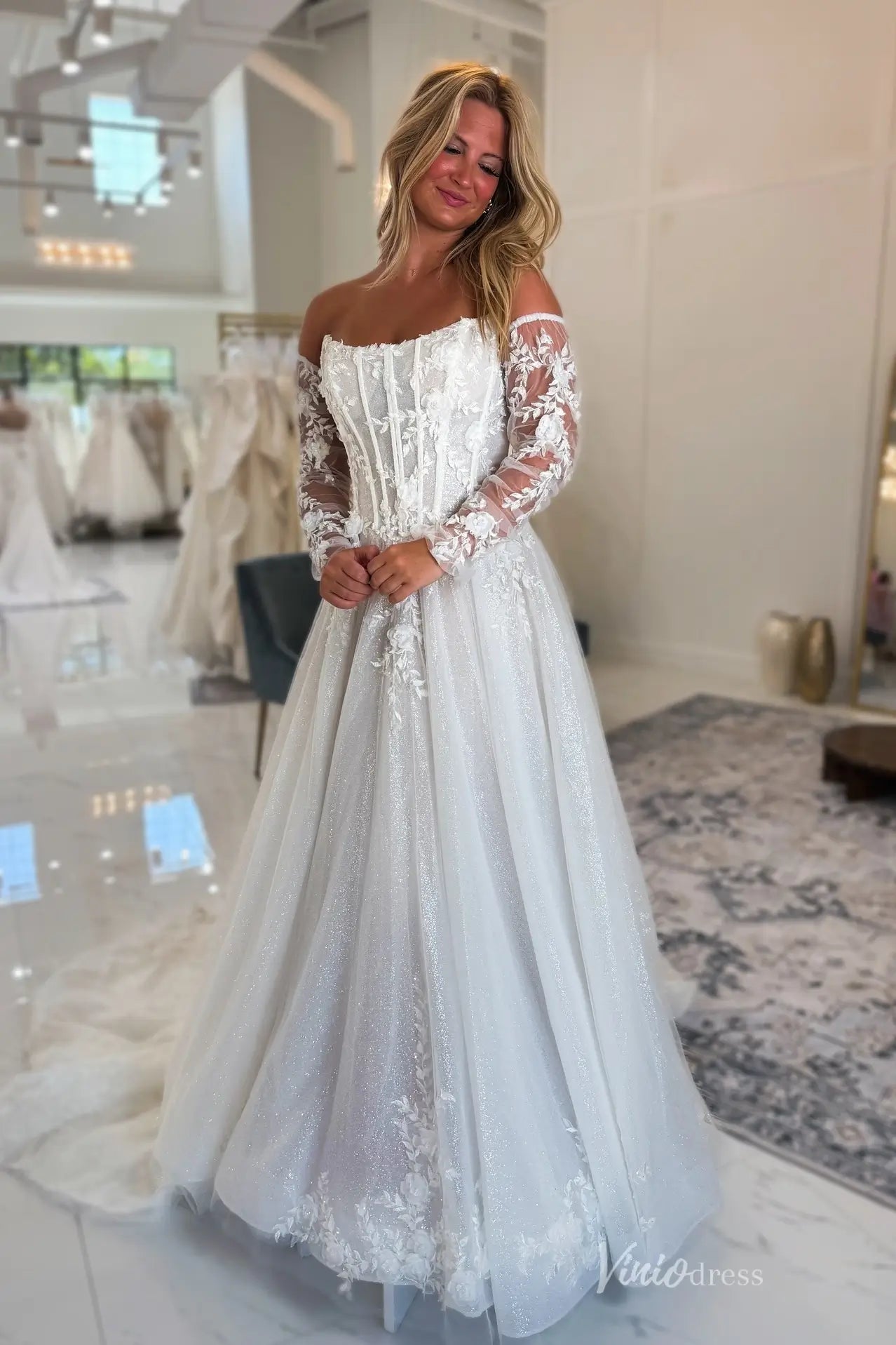 Ethereal Ivory Glitter Tulle A-Line Wedding Dress with Lace Corset Bodice & Sparkle Skirt – LA152