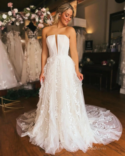 Ethereal Ivory Off-Shoulder Floral Appliqué A-Line Wedding Dress with Removable Sleeves & Chapel Train – LA144-wedding dresses 2025 -Viniodress-Ivory-Custom Size-