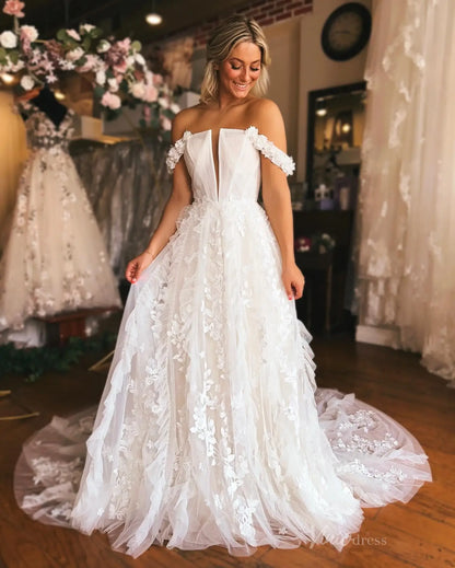 Ethereal Ivory Off-Shoulder Floral Appliqué A-Line Wedding Dress with Removable Sleeves & Chapel Train – LA144-wedding dresses 2025 -Viniodress-Ivory-Custom Size-