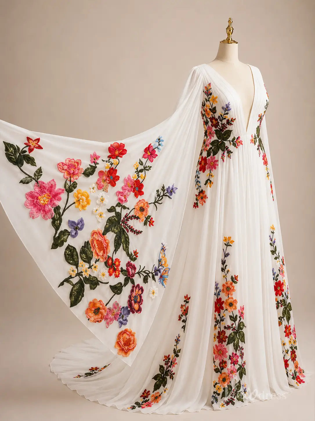 Ethereal Ivory Wildflower Wedding Dress with Cape Sleeves, Deep V Neck & Chapel Train - FW286-wedding dresses 2026-Viniodress-Ivory-Custom Size – Add Measurements in Cart-