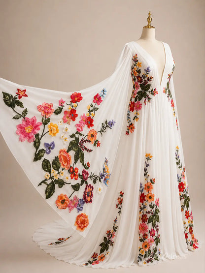 Ethereal Ivory Wildflower Wedding Dress with Cape Sleeves, Deep V Neck & Chapel Train - FW286-wedding dresses 2026-Viniodress-Ivory-Custom Size – Add Measurements in Cart-