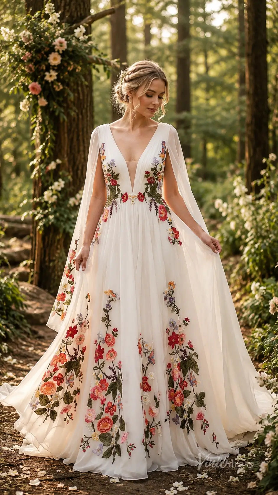 Ethereal Ivory Wildflower Wedding Dress with Cape Sleeves, Deep V Neck & Chapel Train - FW286-wedding dresses 2026-Viniodress-Ivory-Custom Size – Add Measurements in Cart-