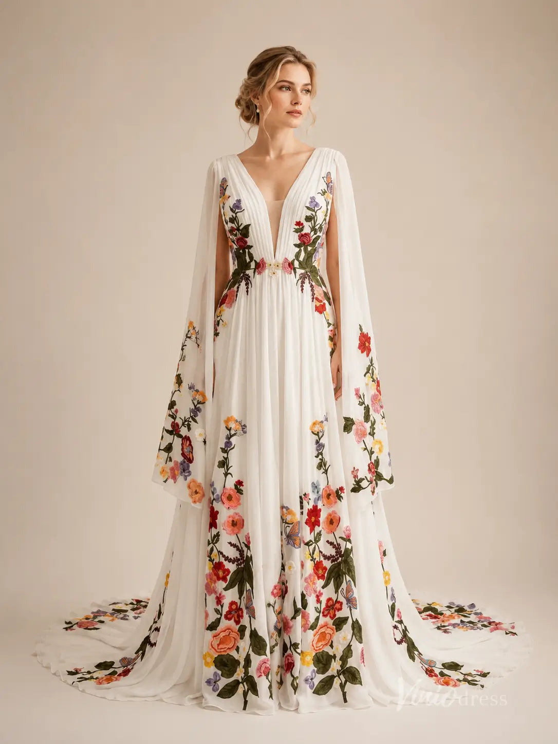 Ethereal Ivory Wildflower Wedding Dress with Cape Sleeves, Deep V Neck & Chapel Train - FW286-wedding dresses 2026-Viniodress-Ivory-Custom Size – Add Measurements in Cart-