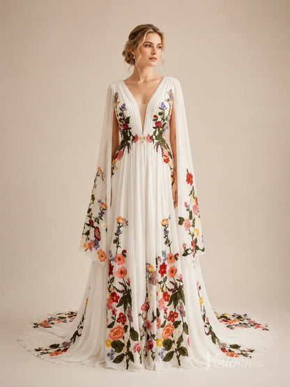 Ethereal Ivory Wildflower Wedding Dress with Cape Sleeves, Deep V Neck & Chapel Train - FW286-wedding dresses 2026-Viniodress-Ivory-Custom Size – Add Measurements in Cart-