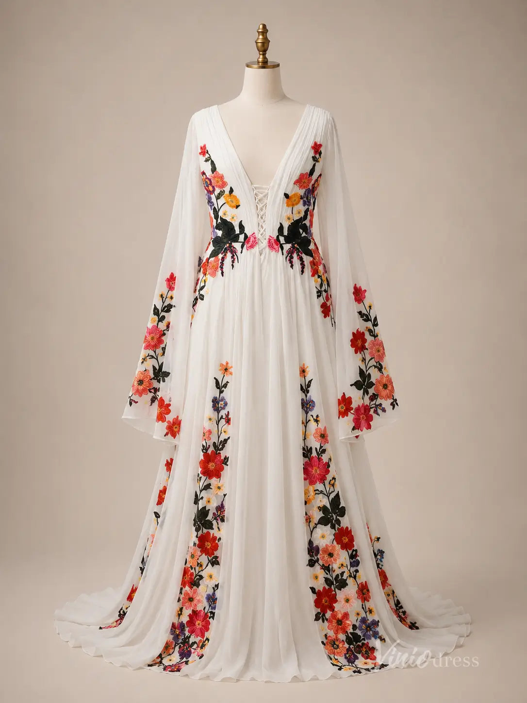 Ethereal Ivory Wildflower Wedding Dress with Cape Sleeves, Deep V Neck & Chapel Train - FW286-wedding dresses 2026-Viniodress-Ivory-Custom Size – Add Measurements in Cart-