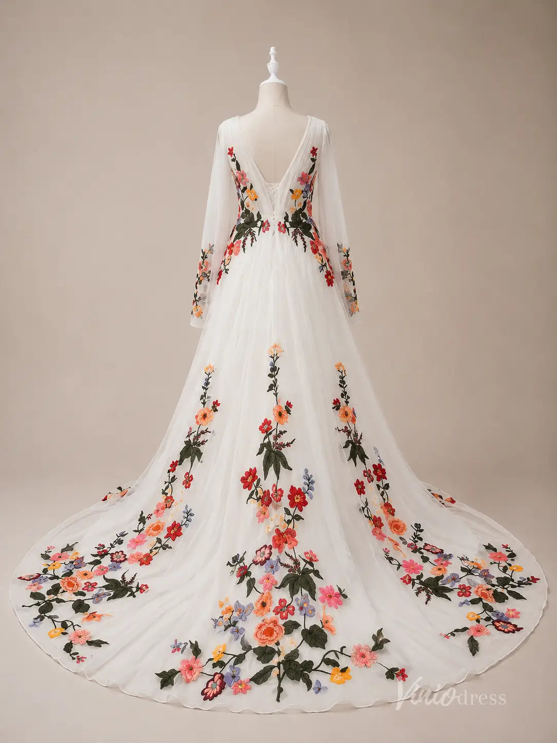 Ethereal Ivory Wildflower Wedding Dress with Cape Sleeves, Deep V Neck & Chapel Train - FW286-wedding dresses 2026-Viniodress-Ivory-Custom Size – Add Measurements in Cart-