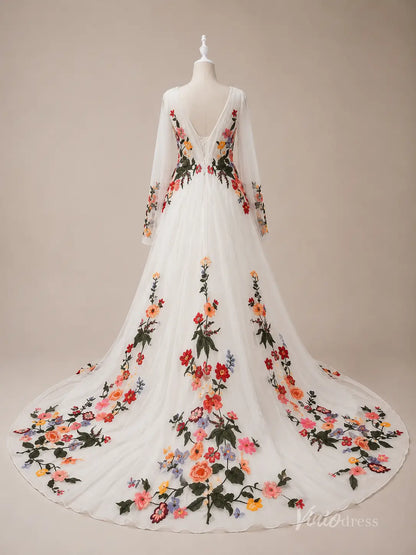 Ethereal Ivory Wildflower Wedding Dress with Cape Sleeves, Deep V Neck & Chapel Train - FW286-wedding dresses 2026-Viniodress-Ivory-Custom Size – Add Measurements in Cart-