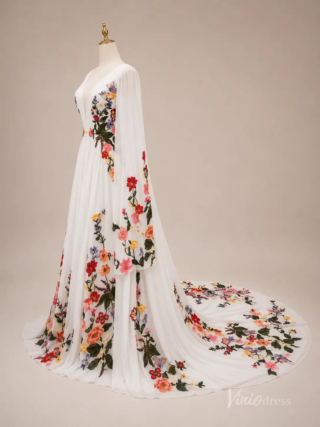 Ethereal Ivory Wildflower Wedding Dress with Cape Sleeves, Deep V Neck & Chapel Train - FW286-wedding dresses 2026-Viniodress-Ivory-Custom Size – Add Measurements in Cart-