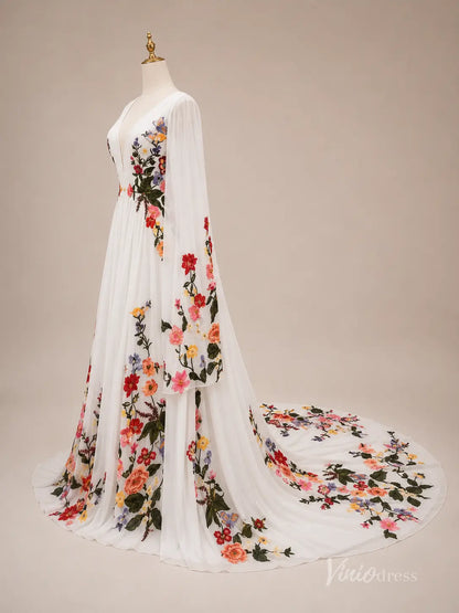 Ethereal Ivory Wildflower Wedding Dress with Cape Sleeves, Deep V Neck & Chapel Train - FW286-wedding dresses 2026-Viniodress-Ivory-Custom Size – Add Measurements in Cart-