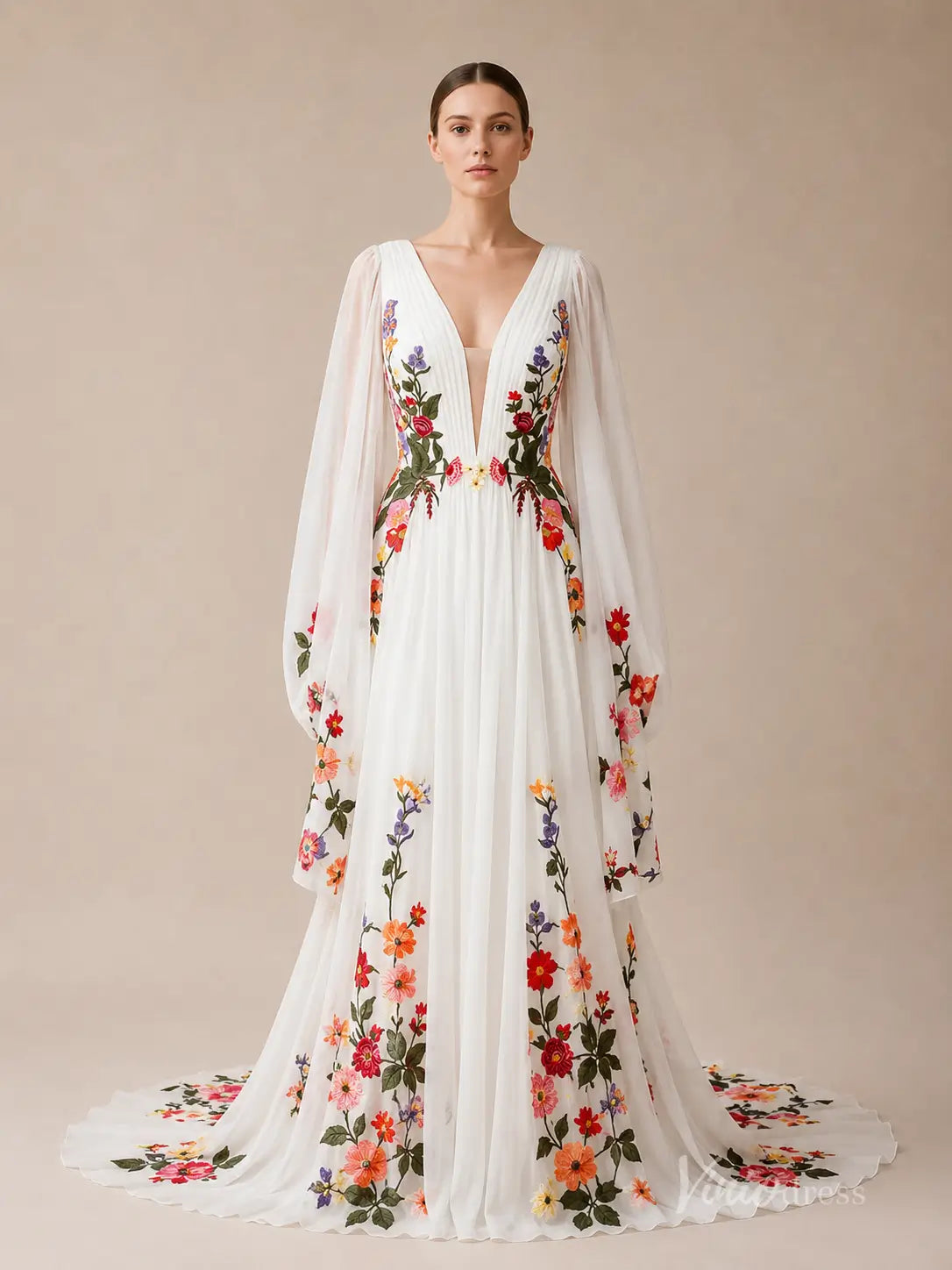 Ethereal Ivory Wildflower Wedding Dress with Cape Sleeves, Deep V Neck & Chapel Train - FW286-wedding dresses 2026-Viniodress-Ivory-Custom Size – Add Measurements in Cart-