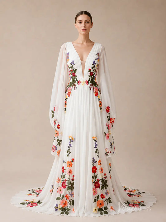 Ethereal Ivory Wildflower Wedding Dress with Cape Sleeves, Deep V Neck & Chapel Train - FW286-wedding dresses 2026-Viniodress-Ivory-Custom Size – Add Measurements in Cart-
