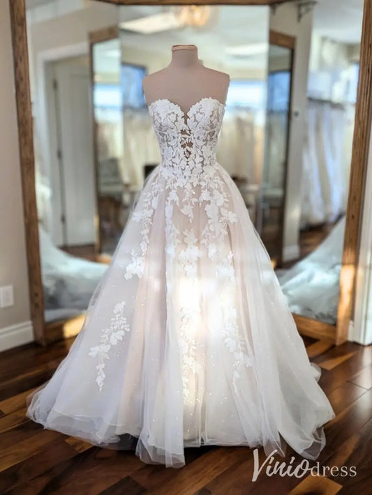 Ethereal Lace Applique Wedding Dress with Glitter Tulle and Sweetheart Bodice – LA113-wedding dresses 2025 -Viniodress-Ivory-Custom Size-