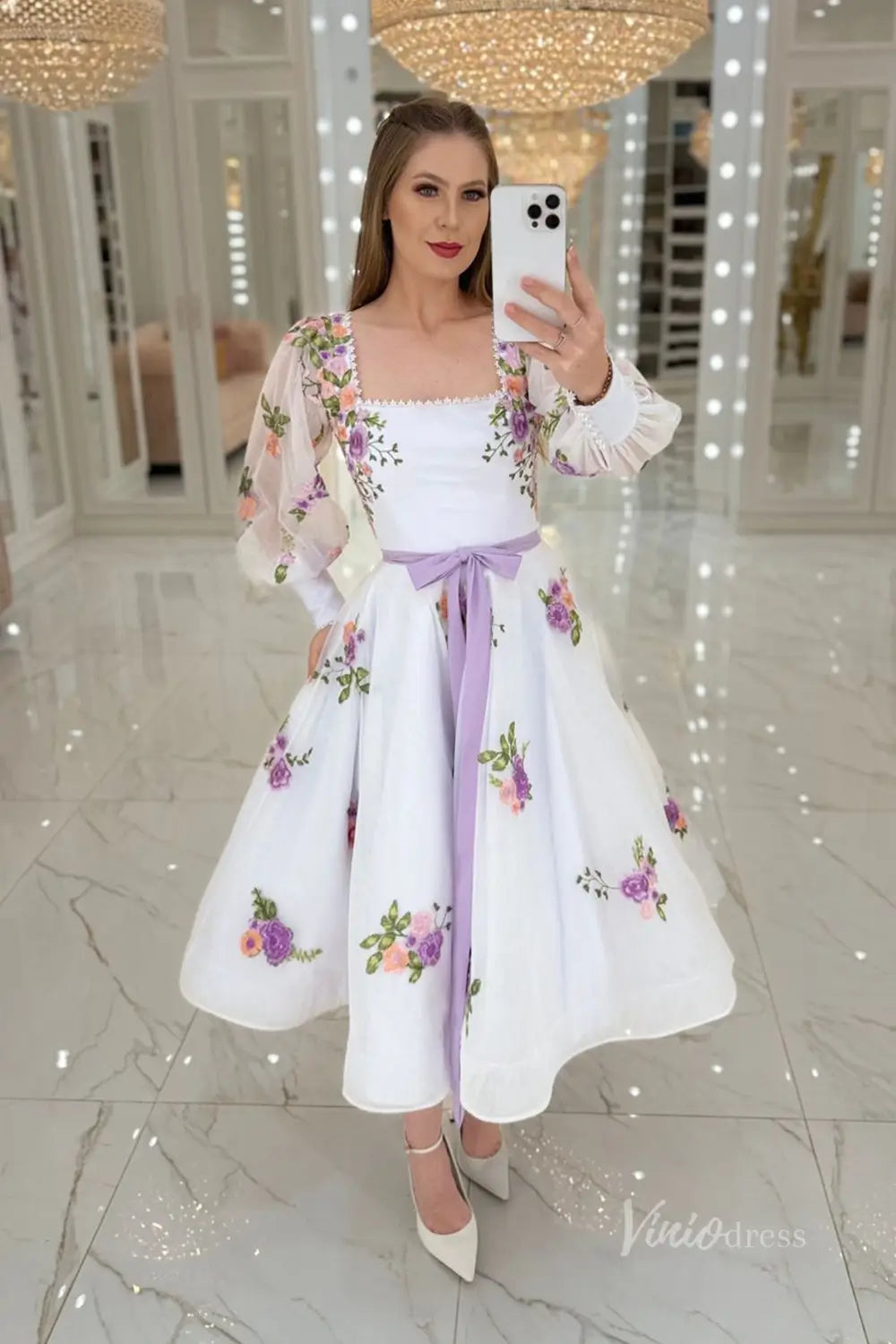 Ethereal Lavender Floral Embroidered Tea-Length Wedding Dress with Square Neckline, Puff Sleeves & Bow Waist – FW247-wedding dresses 2025 -Viniodress-Lavender-Custom Size-
