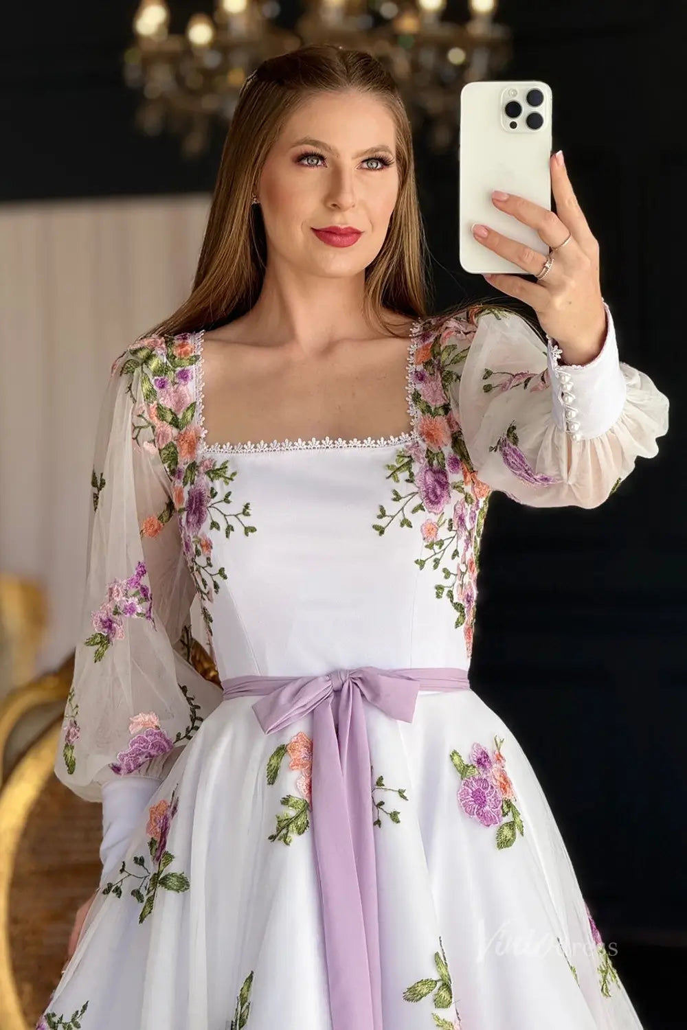 Ethereal Lavender Floral Embroidered Tea-Length Wedding Dress with Square Neckline, Puff Sleeves & Bow Waist – FW247-wedding dresses 2025 -Viniodress-Lavender-Custom Size-