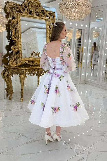 Ethereal Lavender Floral Embroidered Tea-Length Wedding Dress with Square Neckline, Puff Sleeves & Bow Waist – FW247-wedding dresses 2025 -Viniodress-Lavender-Custom Size-