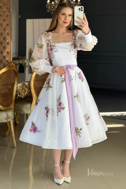 Ethereal Lavender Floral Embroidered Tea-Length Wedding Dress with Square Neckline, Puff Sleeves & Bow Waist – FW247-wedding dresses 2025 -Viniodress-Lavender-Custom Size-