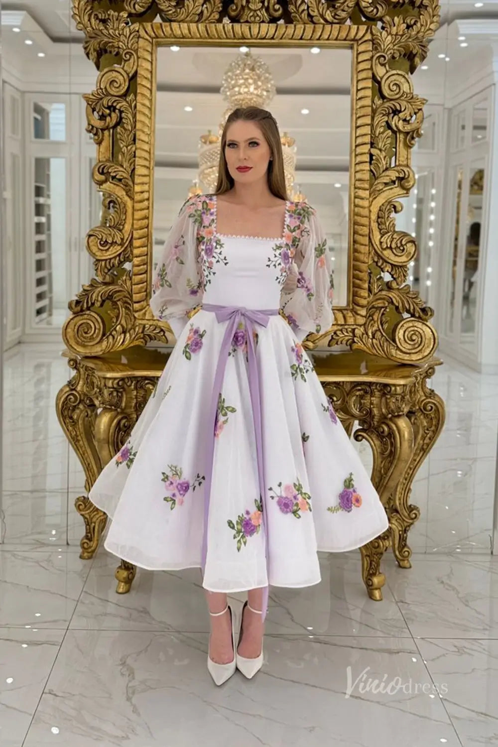 Ethereal Lavender Floral Embroidered Tea-Length Wedding Dress with Square Neckline, Puff Sleeves & Bow Waist – FW247-wedding dresses 2025 -Viniodress-Lavender-Custom Size-