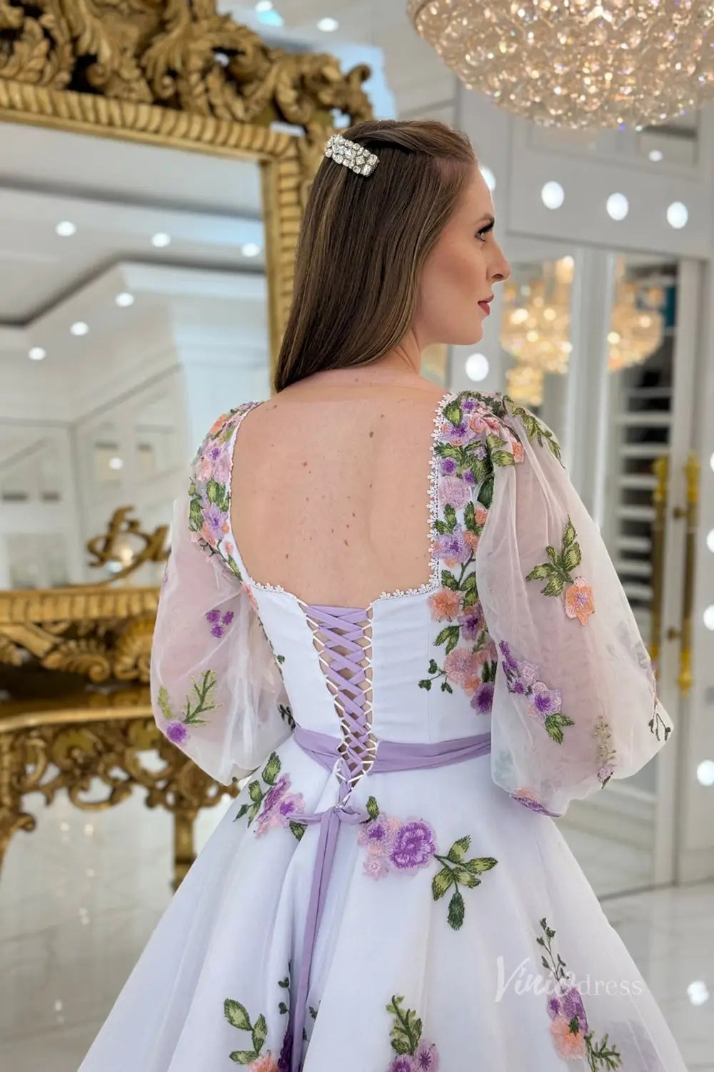Ethereal Lavender Floral Embroidered Tea-Length Wedding Dress with Square Neckline, Puff Sleeves & Bow Waist – FW247-wedding dresses 2025 -Viniodress-Lavender-Custom Size-