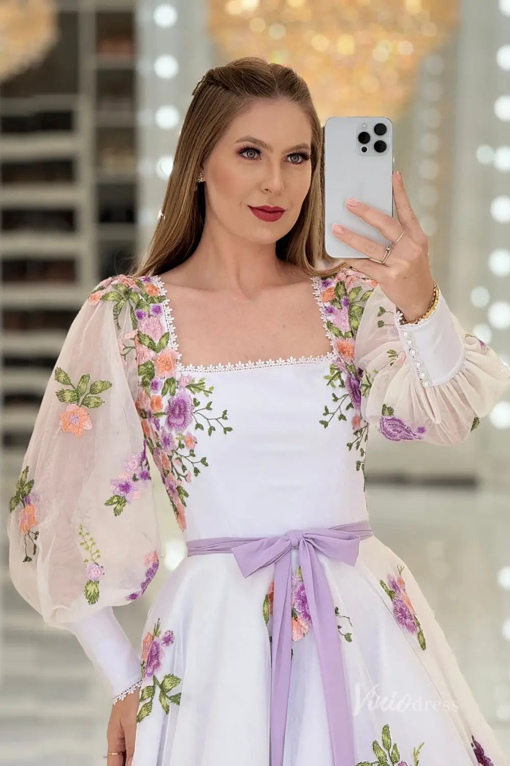 Ethereal Lavender Floral Embroidered Tea-Length Wedding Dress with Square Neckline, Puff Sleeves & Bow Waist – FW247-wedding dresses 2025 -Viniodress-Lavender-Custom Size-