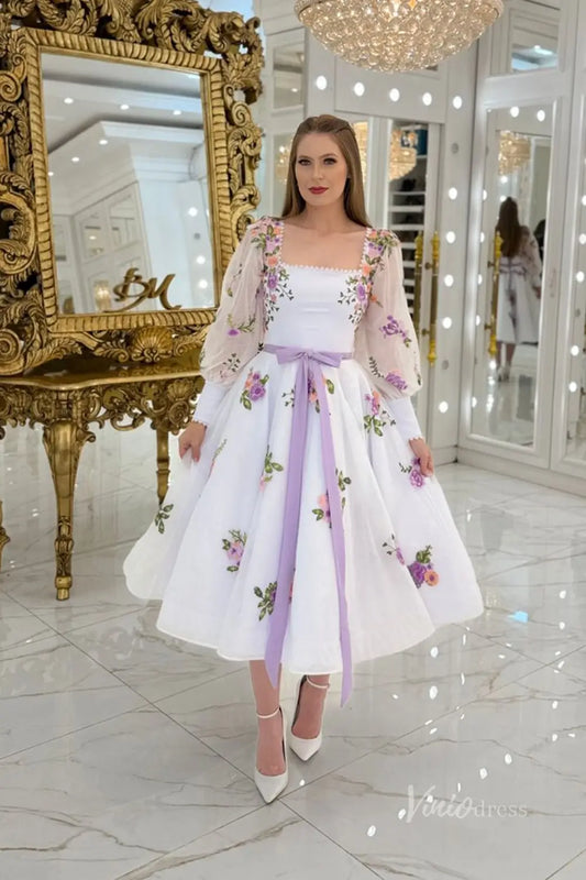 Ethereal Lavender Floral Embroidered Tea-Length Wedding Dress with Square Neckline, Puff Sleeves & Bow Waist – FW247-wedding dresses 2025 -Viniodress-Lavender-Custom Size-