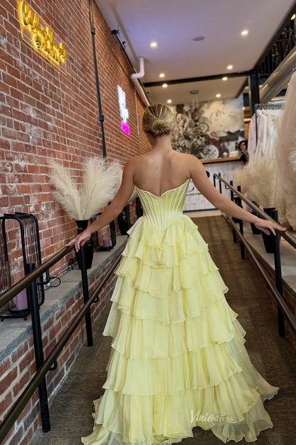 Ethereal Light Yellow Corset Prom Dress with Soft Chiffon Layers & High Slit RF301-prom dresses 2026-Viniodress-Butter Yellow-Custom Size-