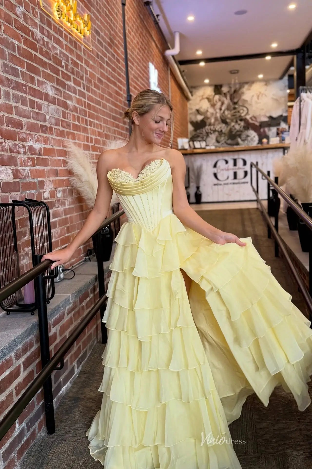 Ethereal Light Yellow Corset Prom Dress with Soft Chiffon Layers & High Slit RF301-prom dresses 2026-Viniodress-Butter Yellow-Custom Size-
