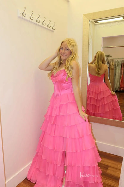 Ethereal Light Yellow Corset Prom Dress with Soft Chiffon Layers & High Slit RF301-prom dresses 2026-Viniodress-Butter Yellow-Custom Size-