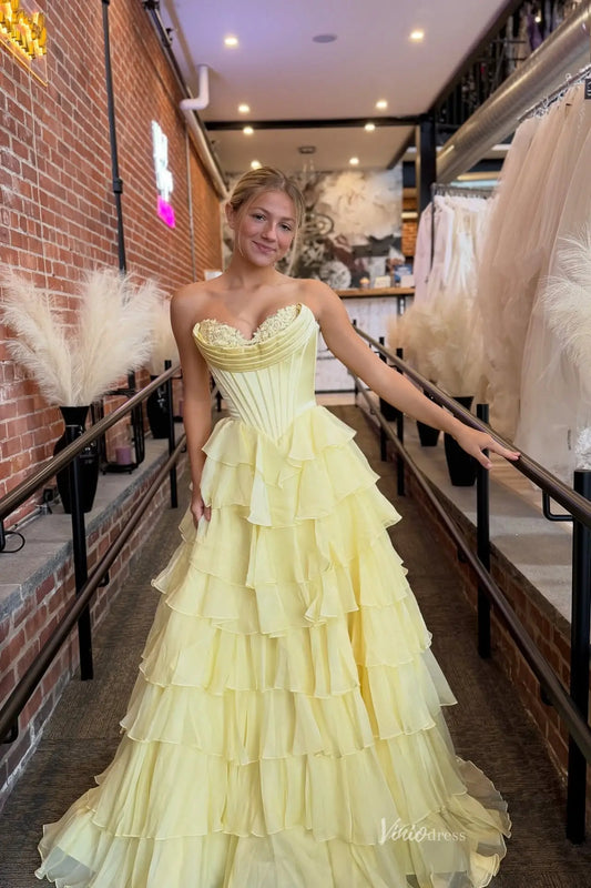 Ethereal Light Yellow Corset Prom Dress with Soft Chiffon Layers & High Slit RF301-prom dresses 2026-Viniodress-Butter Yellow-Custom Size-
