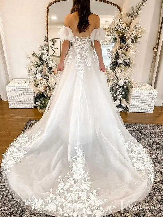 Ethereal Off Shoulder Floral Lace Wedding Dress with Removable Sleeve, Sweetheart Neck – VW2586-wedding dresses 2025 -Viniodress-White-Custom Size-