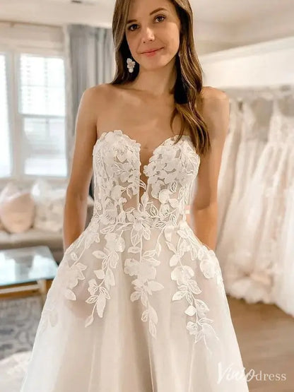 Ethereal Off Shoulder Floral Lace Wedding Dress with Removable Sleeve, Sweetheart Neck – VW2586-wedding dresses 2025 -Viniodress-White-Custom Size-