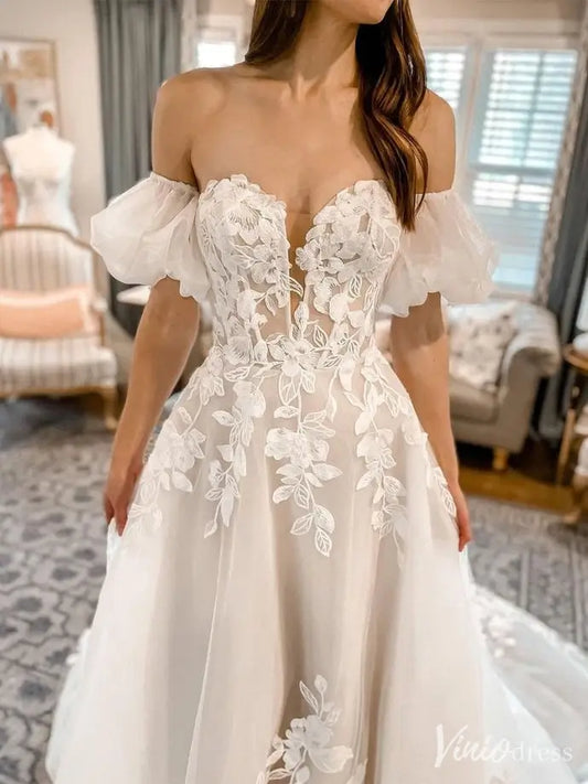 Ethereal Off Shoulder Floral Lace Wedding Dress with Removable Sleeve, Sweetheart Neck – VW2586-wedding dresses 2025 -Viniodress-White-Custom Size-