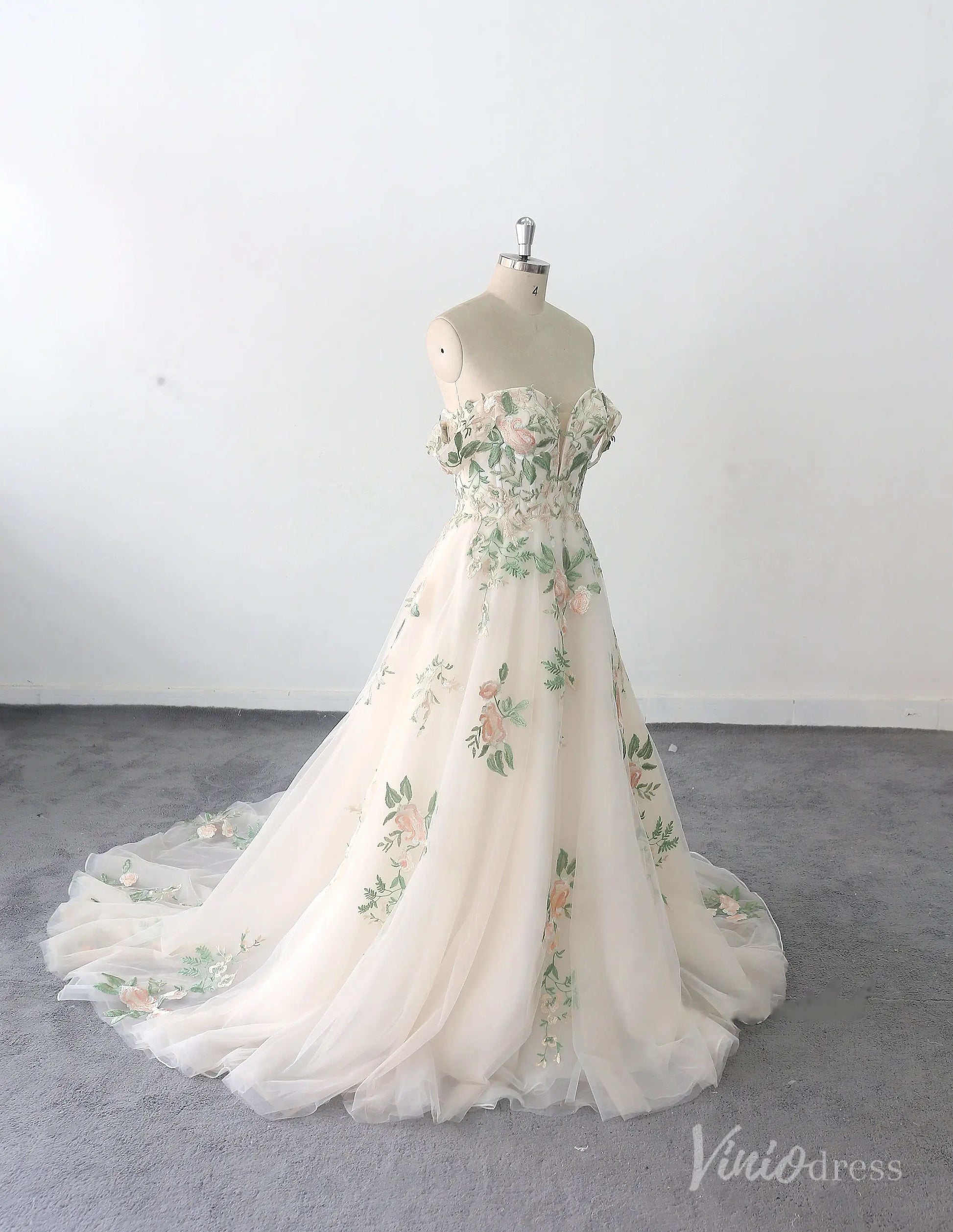Ethereal Off-the-Shoulder Floral Wedding Dress with Illusion Sweetheart Bodice, 3D Appliqués & Chapel Train – FW230-wedding dresses 2025 -Viniodress-Champagne-Custom Size-