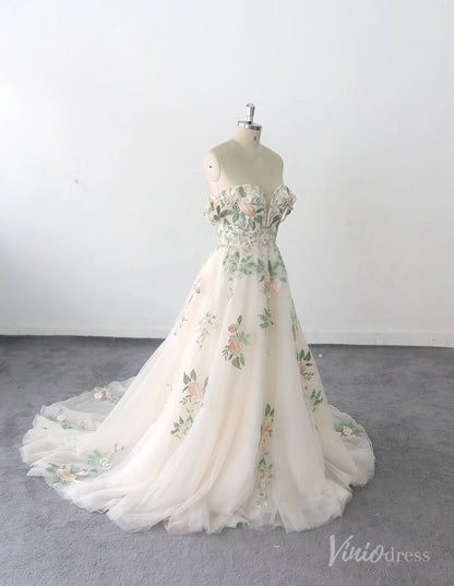 Ethereal Off-the-Shoulder Floral Wedding Dress with Illusion Sweetheart Bodice, 3D Appliqués & Chapel Train – FW230-wedding dresses 2025 -Viniodress-Champagne-Custom Size-