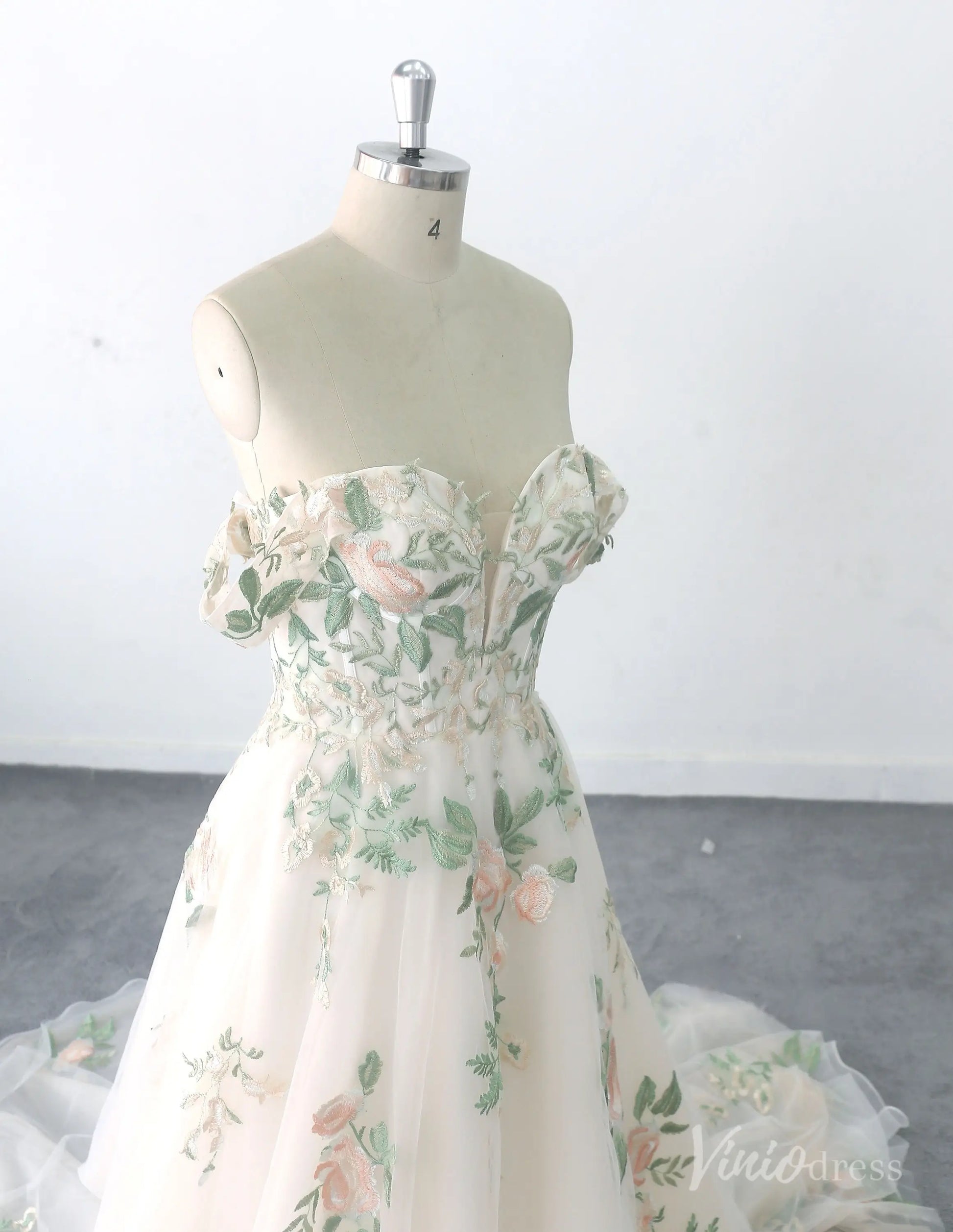 Ethereal Off-the-Shoulder Floral Wedding Dress with Illusion Sweetheart Bodice, 3D Appliqués & Chapel Train – FW230-wedding dresses 2025 -Viniodress-Champagne-Custom Size-