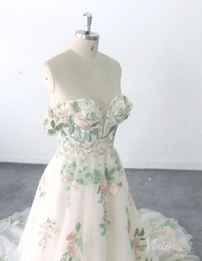 Ethereal Off-the-Shoulder Floral Wedding Dress with Illusion Sweetheart Bodice, 3D Appliqués & Chapel Train – FW230-wedding dresses 2025 -Viniodress-Champagne-Custom Size-