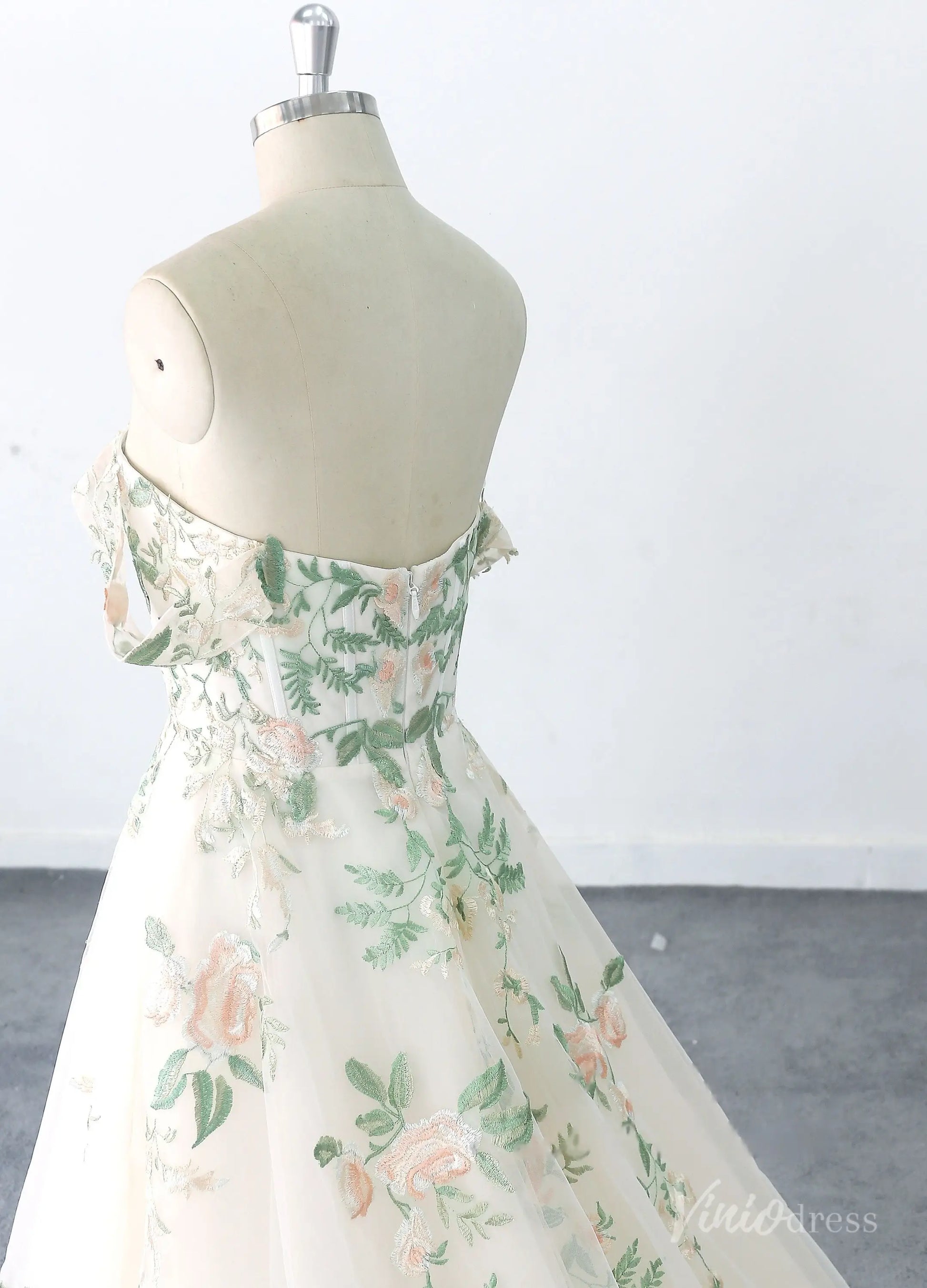 Ethereal Off-the-Shoulder Floral Wedding Dress with Illusion Sweetheart Bodice, 3D Appliqués & Chapel Train – FW230-wedding dresses 2025 -Viniodress-Champagne-Custom Size-