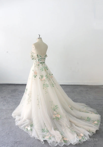 Ethereal Off-the-Shoulder Floral Wedding Dress with Illusion Sweetheart Bodice, 3D Appliqués & Chapel Train – FW230-wedding dresses 2025 -Viniodress-Champagne-Custom Size-
