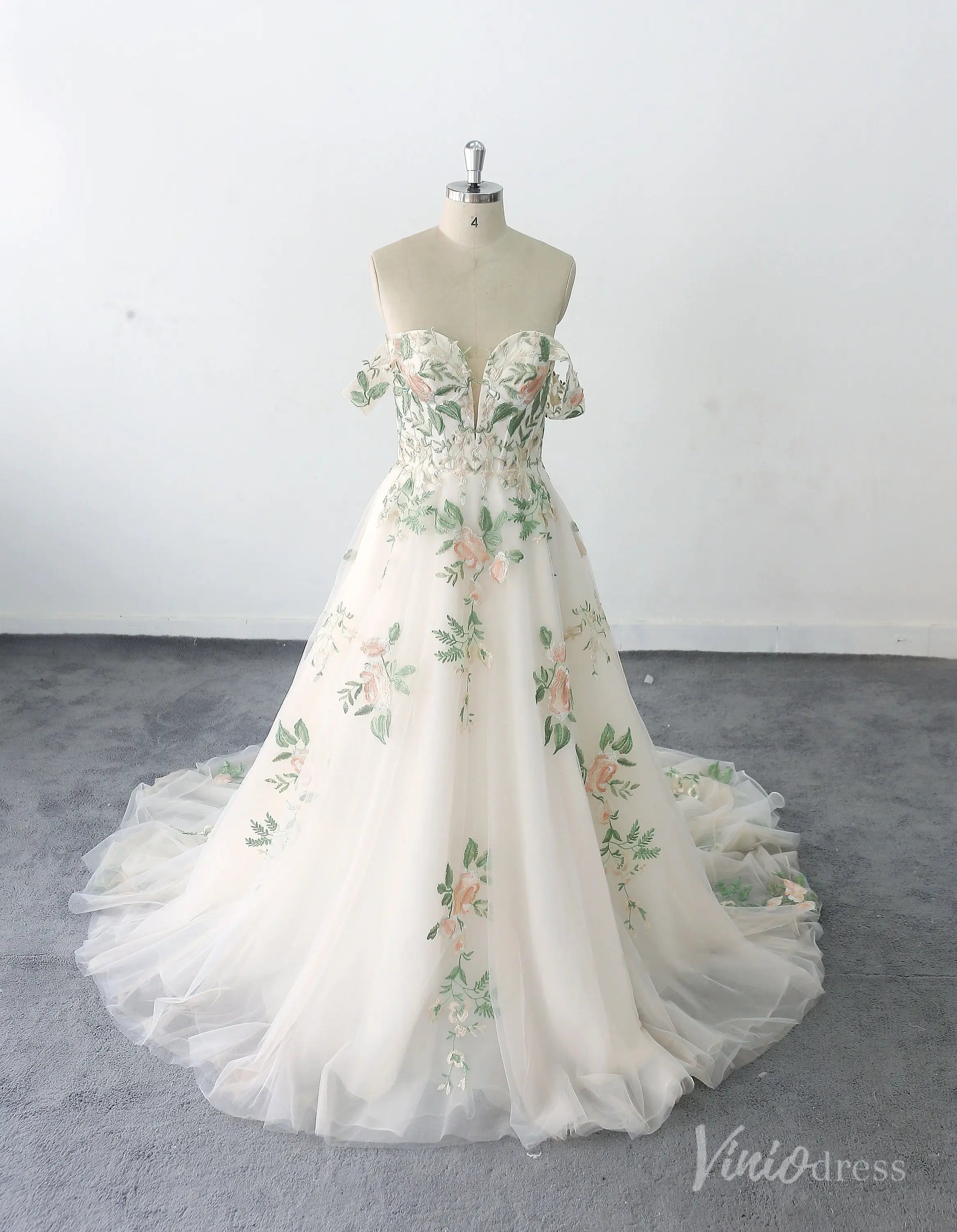 Ethereal Ivory Off-the-Shoulder Floral Wedding Dress with Illusion Sweetheart Bodice FW230 Viniodress Ethereal Ivory Off-the-Shoulder Floral Wedding Dress with Illusion Sweetheart Bodice FW230 Viniodress