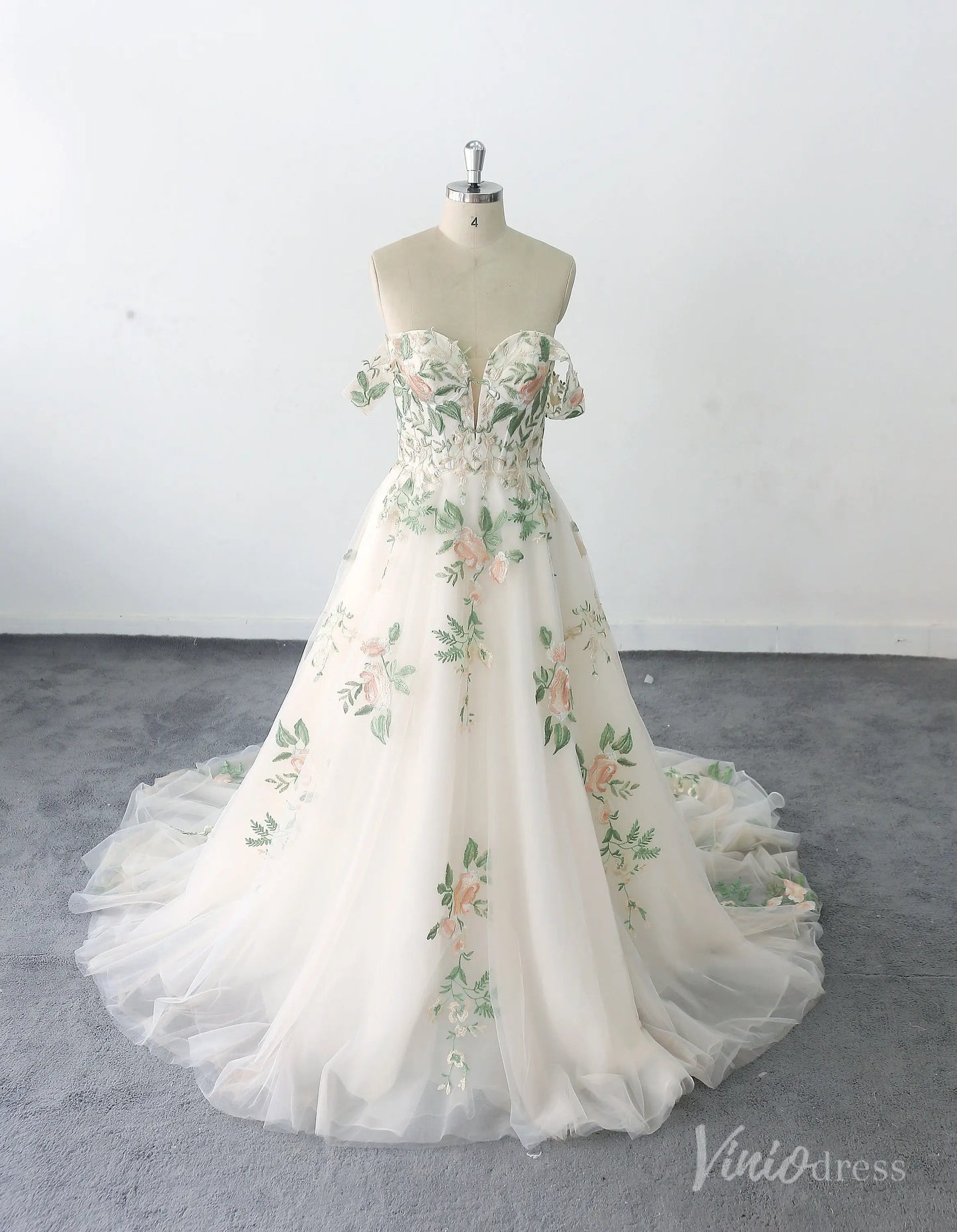Ethereal Off-the-Shoulder Floral Wedding Dress with Illusion Sweetheart Bodice, 3D Appliqués & Chapel Train – FW230-wedding dresses 2025 -Viniodress-Champagne-Custom Size-
