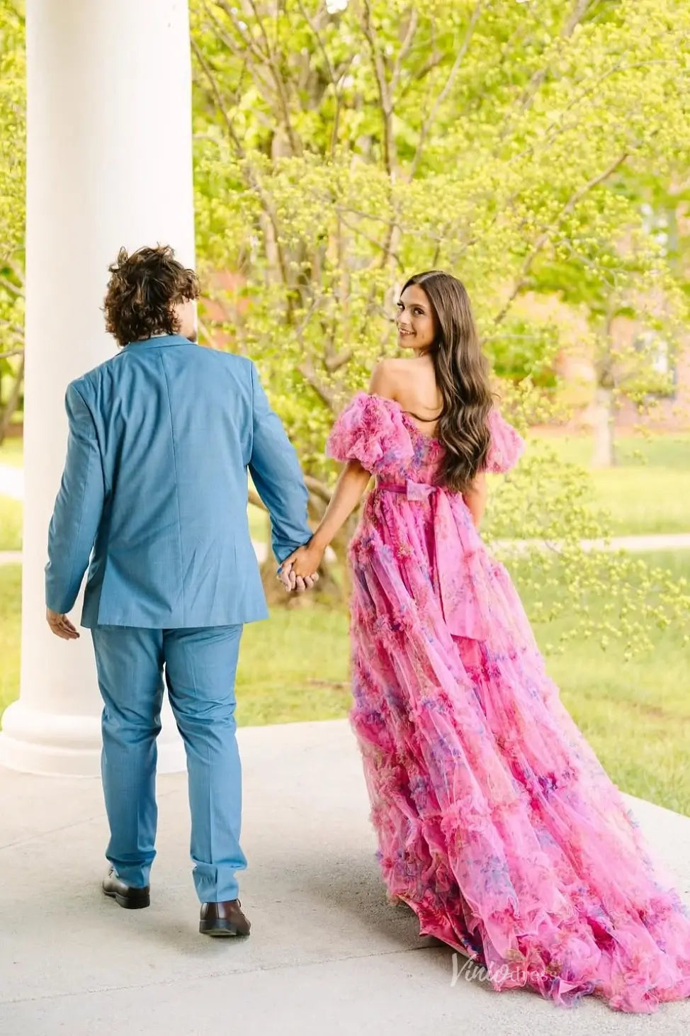 Ethereal Pink Floral Prom Dress with Puffy Sleeves & Ruffle Skirt RF025-prom dresses 2026-Viniodress-Pink-Custom Size-