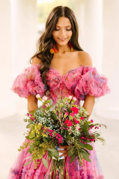 Ethereal Pink Floral Prom Dress with Puffy Sleeves & Ruffle Skirt RF025-prom dresses 2026-Viniodress-Pink-Custom Size-