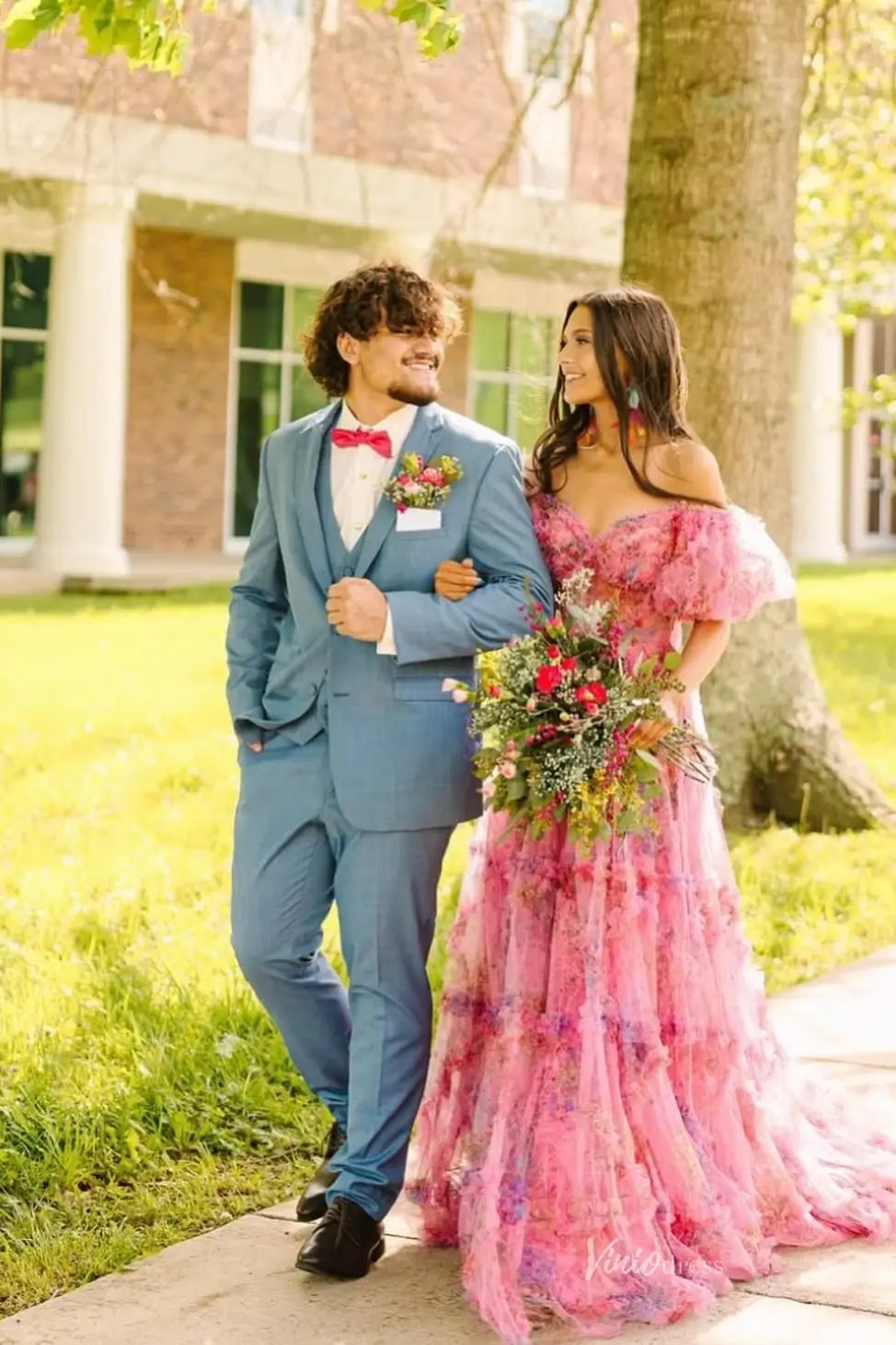 Ethereal Pink Floral Prom Dress with Puffy Sleeves & Ruffle Skirt RF025-prom dresses 2026-Viniodress-Pink-Custom Size-