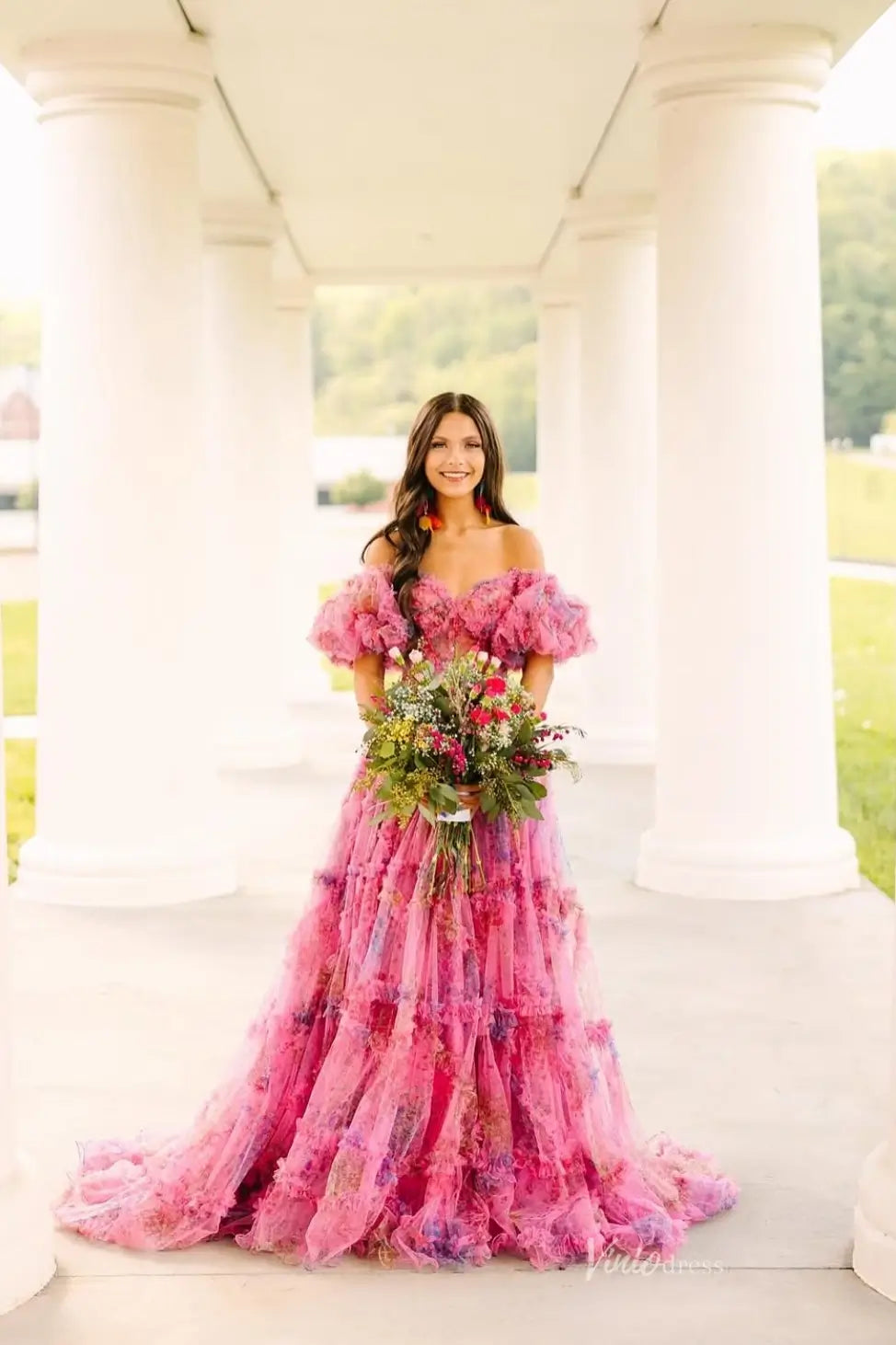 Ethereal Pink Floral Prom Dress with Puffy Sleeves & Ruffle Skirt RF025-prom dresses 2026-Viniodress-Pink-Custom Size-