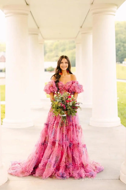 Ethereal Pink Floral Prom Dress with Puffy Sleeves & Ruffle Skirt RF025-prom dresses 2026-Viniodress-Pink-Custom Size-