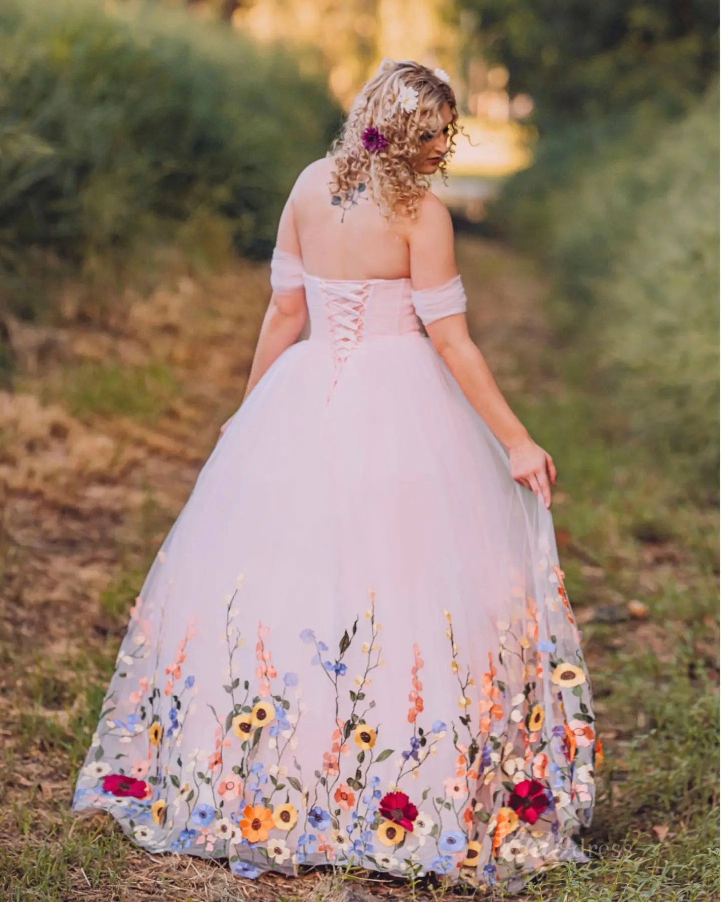 Ethereal Pink Floral Wedding Photography Dress | Off-the-Shoulder Tulle Gown with Corset Back FW134-wedding dresses 2025 -Viniodress-Blush-Custom Size-