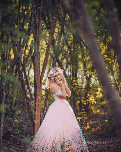 Ethereal Pink Floral Wedding Photography Dress | Off-the-Shoulder Tulle Gown with Corset Back FW134-wedding dresses 2025 -Viniodress-Blush-Custom Size-