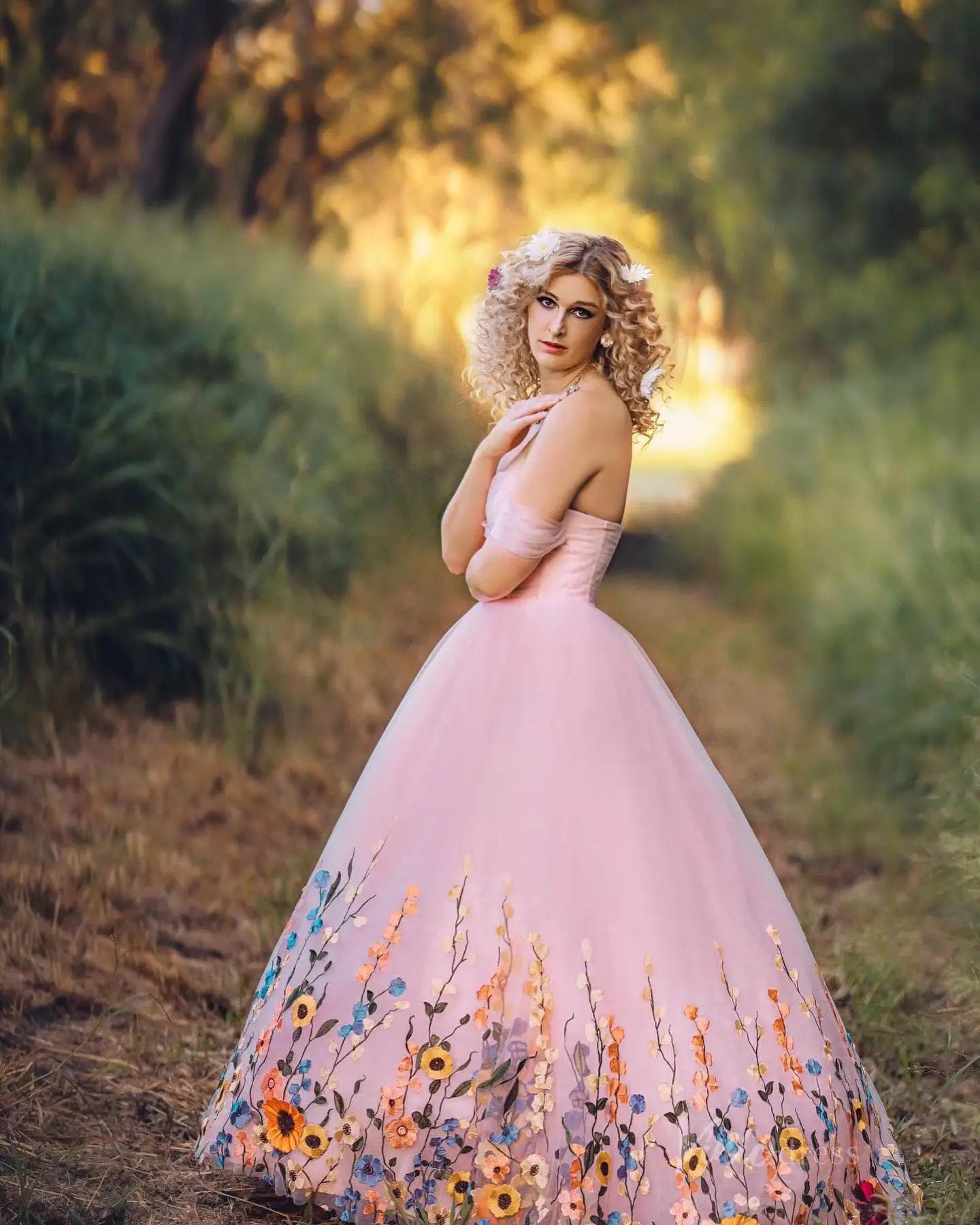 Ethereal Pink Floral Wedding Photography Dress | Off-the-Shoulder Tulle Gown with Corset Back FW134-wedding dresses 2025 -Viniodress-Blush-Custom Size-