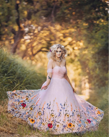Ethereal Pink Floral Wedding Photography Dress | Off-the-Shoulder Tulle Gown with Corset Back FW134-wedding dresses 2025 -Viniodress-Blush-Custom Size-