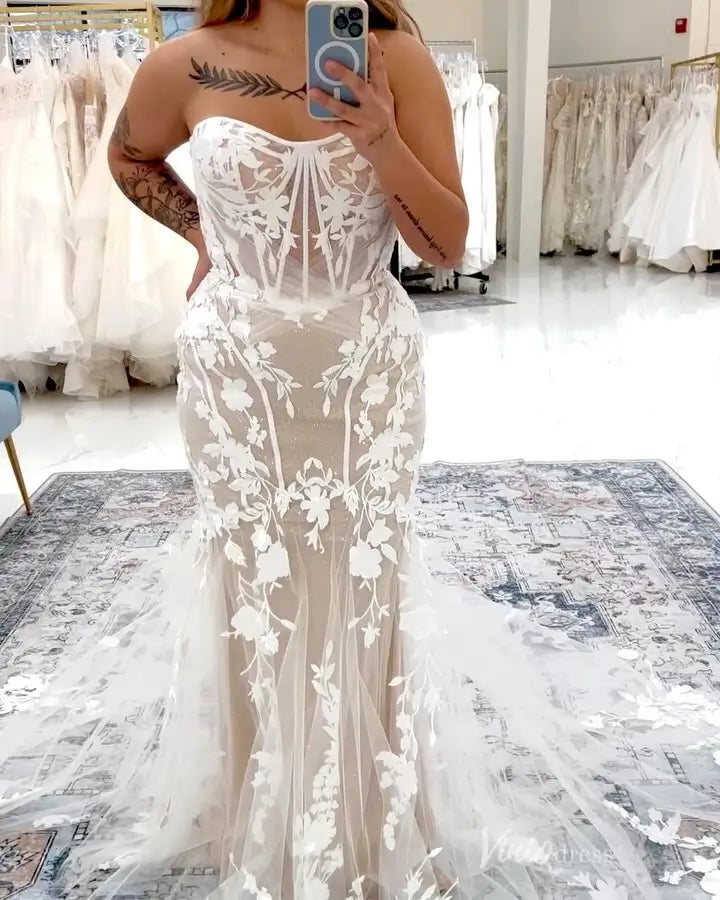 Ethereal Strapless 3D Floral Lace Mermaid Wedding Dress with Sweetheart Neckline & Sheer Corset Bodice – ML179-wedding dresses 2026-Viniodress-Ivory-Custom Size-